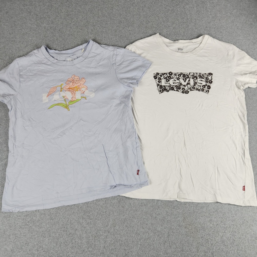 Levi's T-Shirt Womens XS Blue White Floral Graphic Logo Short Sleeve Lot of 2